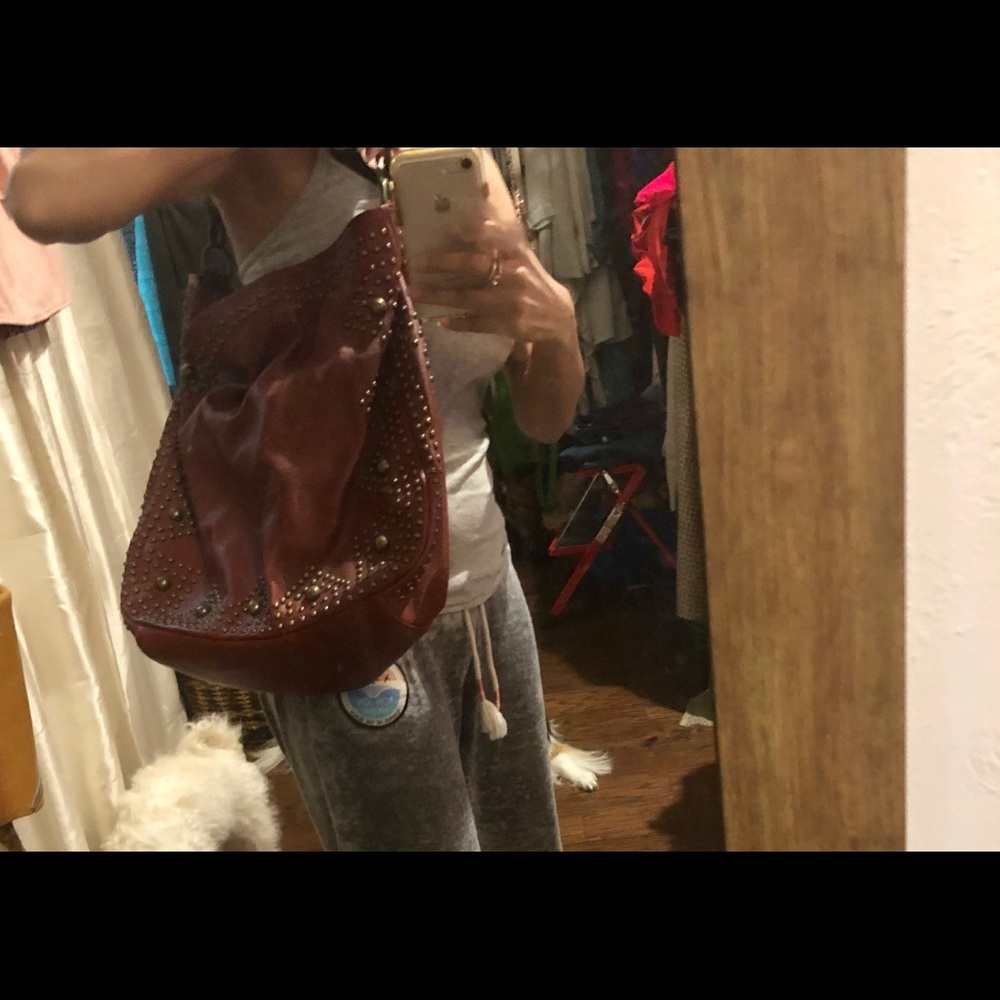 Red faux leather satchel bag